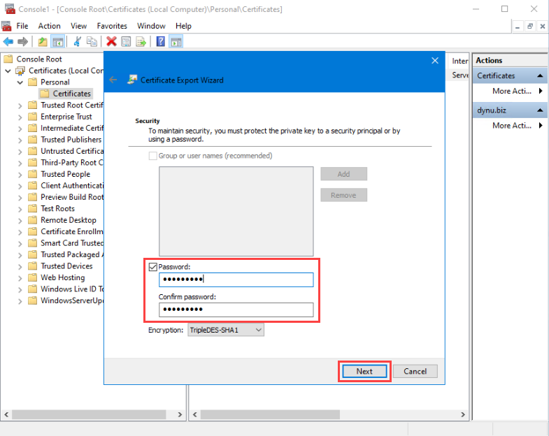 Choose security for certificate export