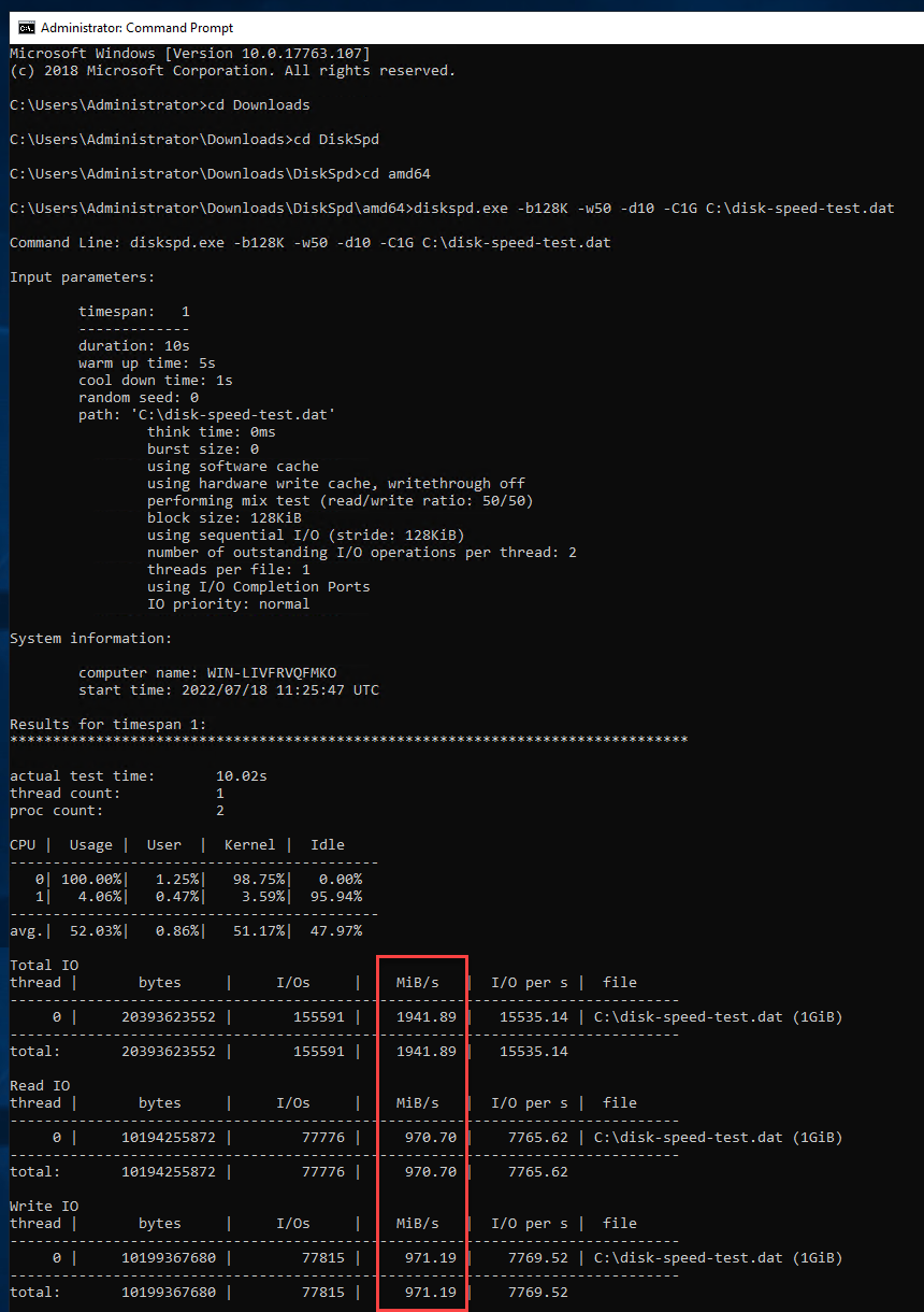 DiskSpd test results